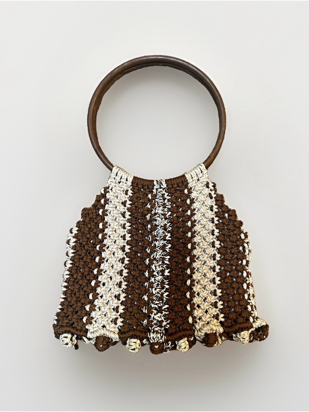 Brown Cream Striped Crochet Woven Bag Purse Wooden Ring Handle Boho Coastal Fall